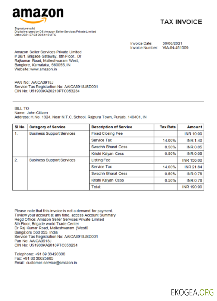 Inde Amazon Facture d'une société multinationale américaine de technologie